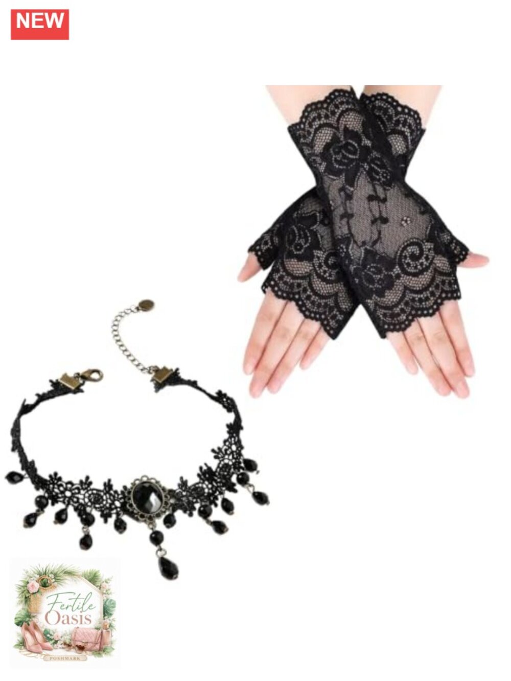 Lace Fingerless Gloves & Velvet Choker Set Gothic Costume Accessory